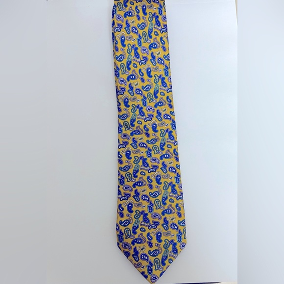 Cauvery Emporium Pure Silk Men’s Tie bright yellow colour vintage design in blue - Picture 2 of 5